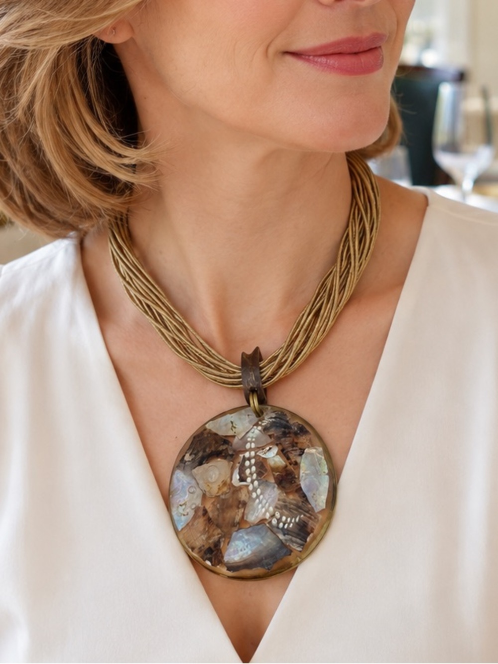 Vintage 16” Multi Strand Shell Inlay Statement Pendant Necklace